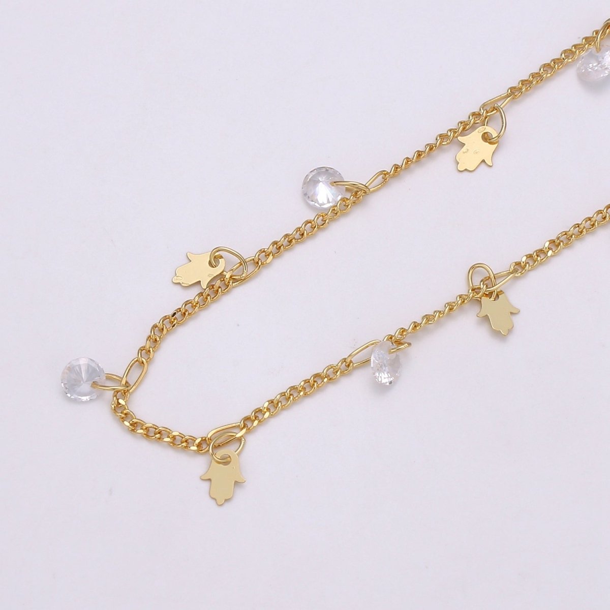 24K Gold Filled Curb Chain By Yard, Hamesh CZ Hamsa Hand Charm Linked Chain, CURB DESIGNED Unfinished Chain For Necklace Bracelet Anklet Component Supply | ROLL-363 Clearance Pricing - DLUXCA