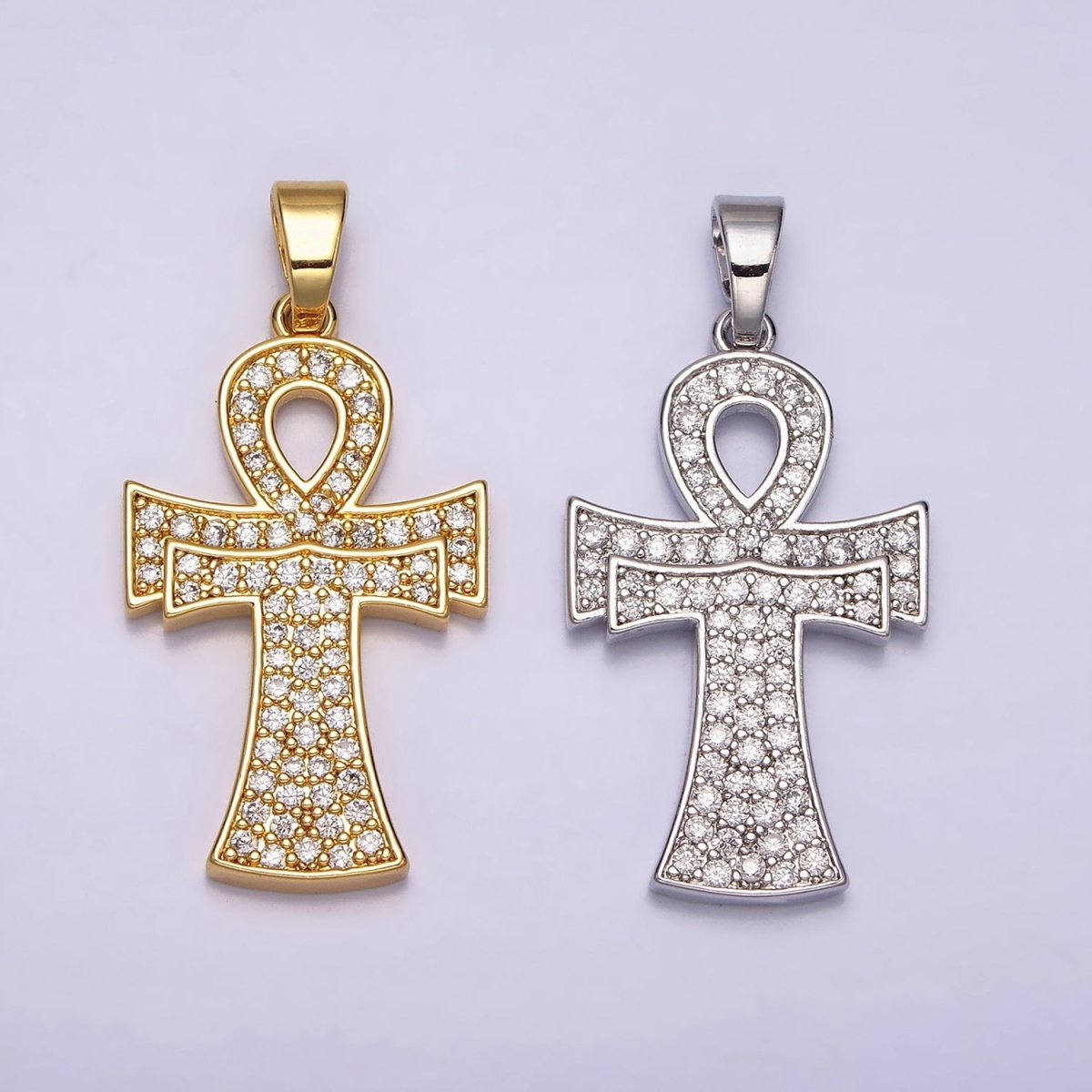 24K Gold Filled Curved Ankh Egyptian Cross Micro Paved CZ Pendant in Gold & Silver | AA465 AA466 - DLUXCA