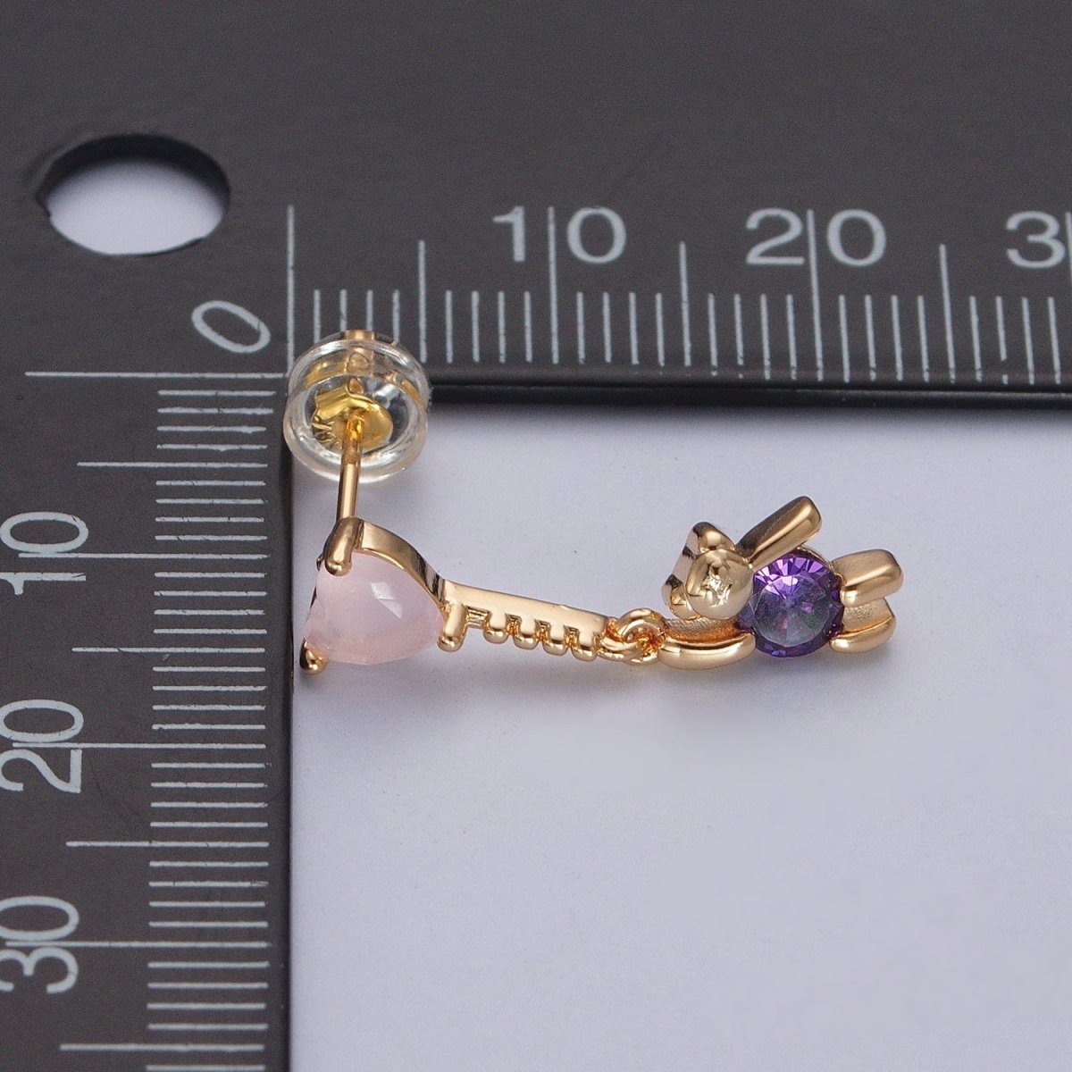 24K Gold Filled Cute CZ Pink Heart Studs with Tiny Bear Purple Cubic Zirconia Charm Dangle Earrings, P-323 - DLUXCA