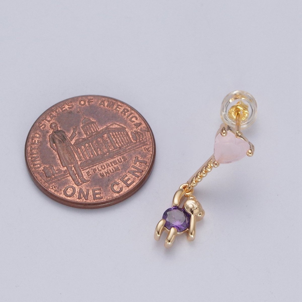 24K Gold Filled Cute CZ Pink Heart Studs with Tiny Bear Purple Cubic Zirconia Charm Dangle Earrings, P-323 - DLUXCA