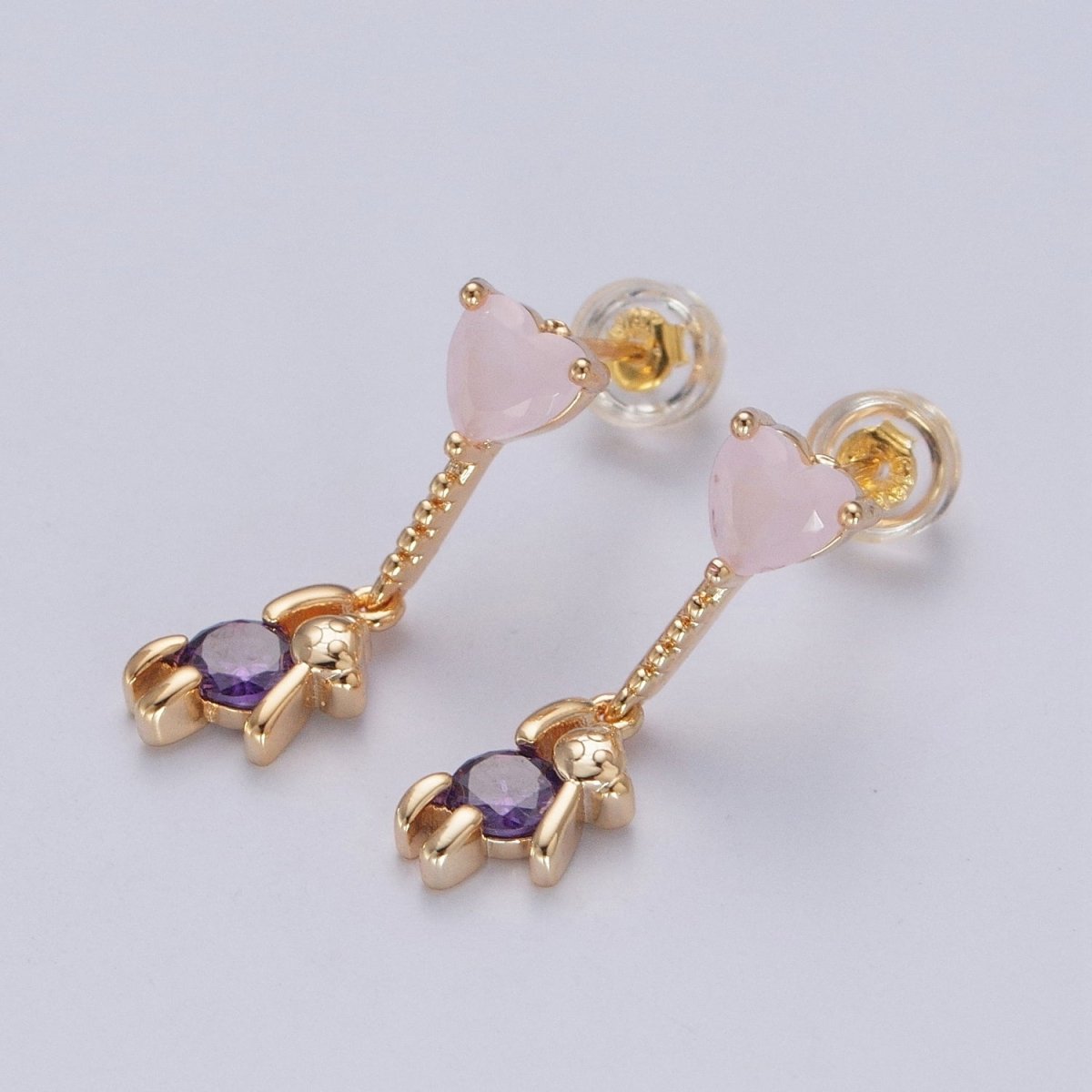 24K Gold Filled Cute CZ Pink Heart Studs with Tiny Bear Purple Cubic Zirconia Charm Dangle Earrings, P-323 - DLUXCA