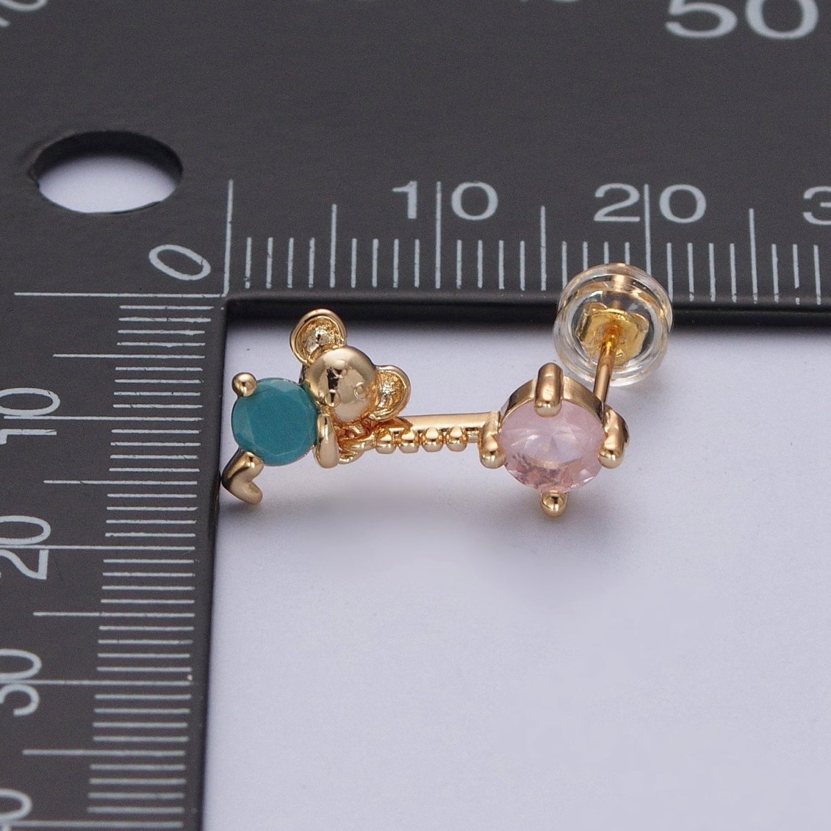 24K Gold Filled Cute CZ Pink Round Studs with Tiny Mouse Blue Cubic Zirconia Charm Dangle P-324 - DLUXCA