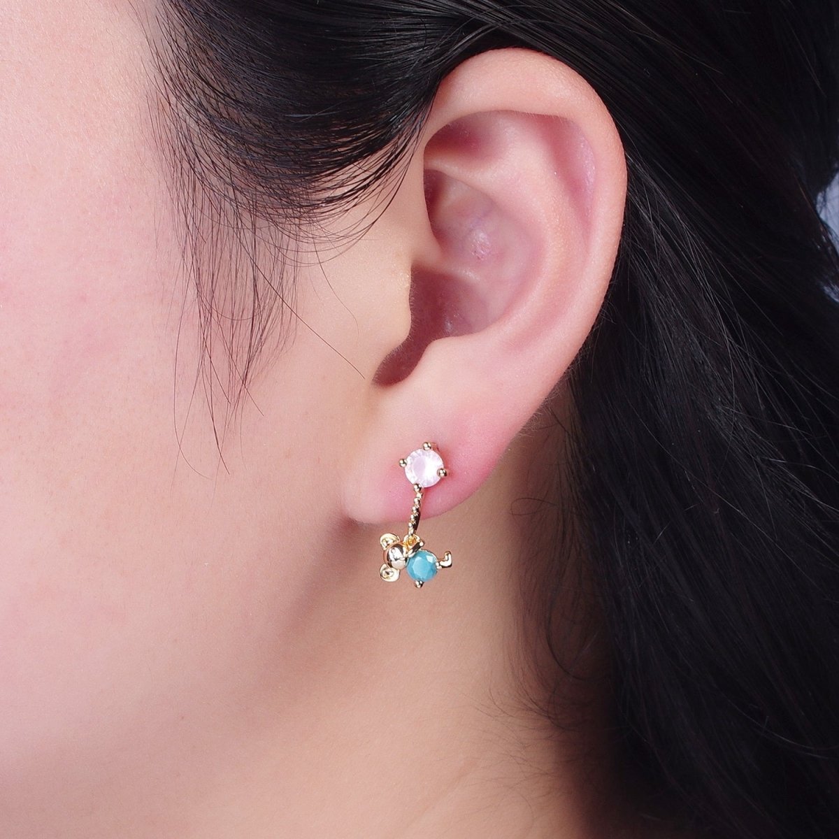24K Gold Filled Cute CZ Pink Round Studs with Tiny Mouse Blue Cubic Zirconia Charm Dangle P-324 - DLUXCA