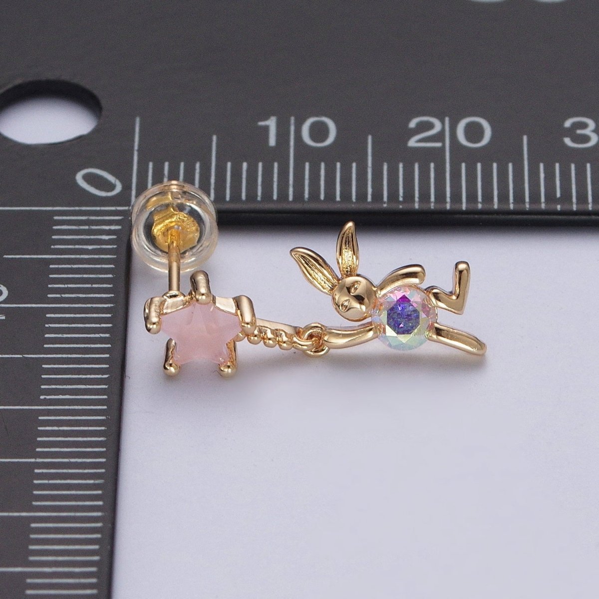 24K Gold Filled Cute CZ Pink Star Studs with Tiny Rabbit Charm Clear Cubic Zirconia Dangle Earrings, P-322 - DLUXCA