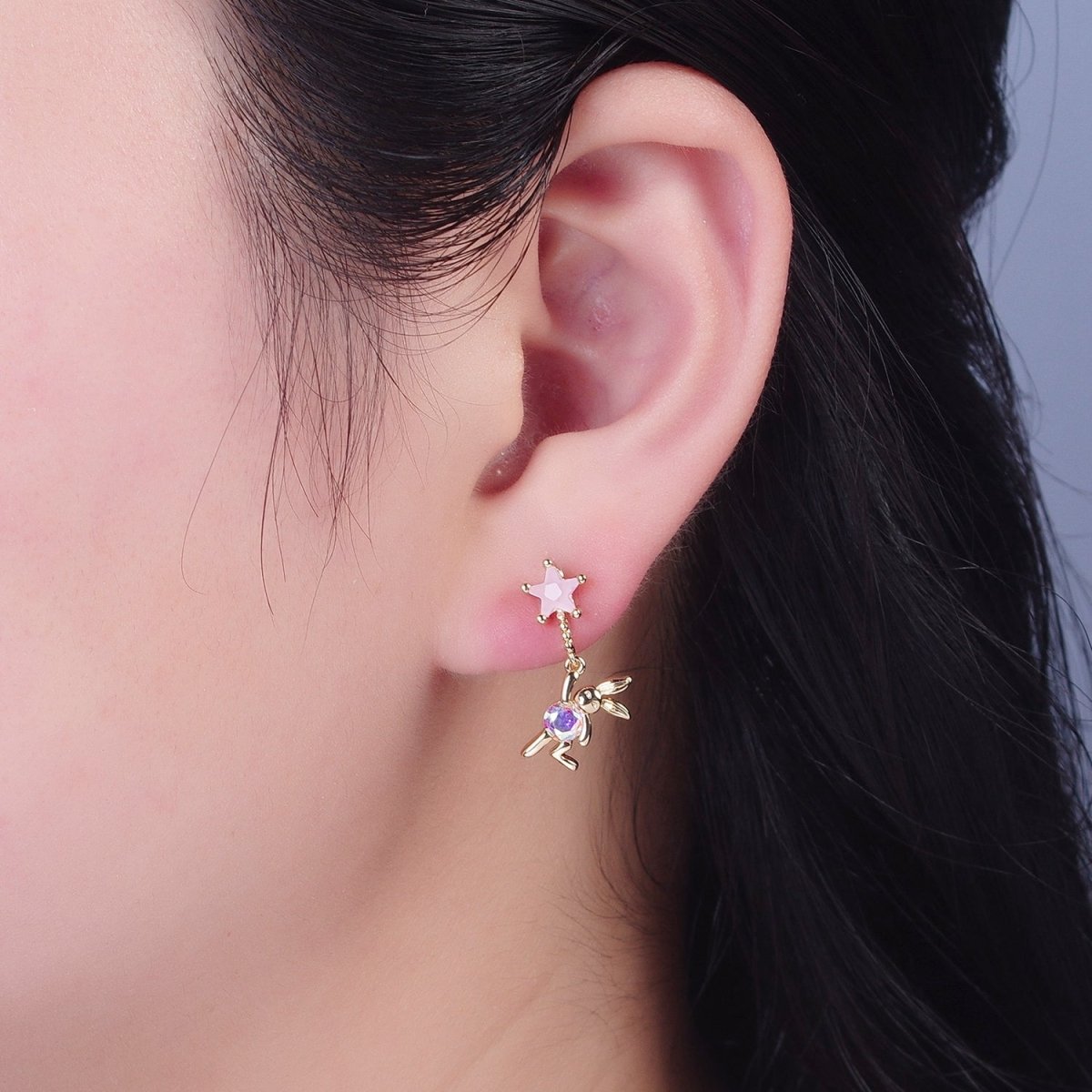 24K Gold Filled Cute CZ Pink Star Studs with Tiny Rabbit Charm Clear Cubic Zirconia Dangle Earrings, P-322 - DLUXCA