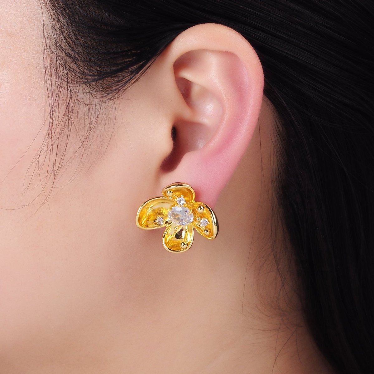 24K Gold Filled CZ Bud Foil Flower Stud Earrings | AB1401 - DLUXCA