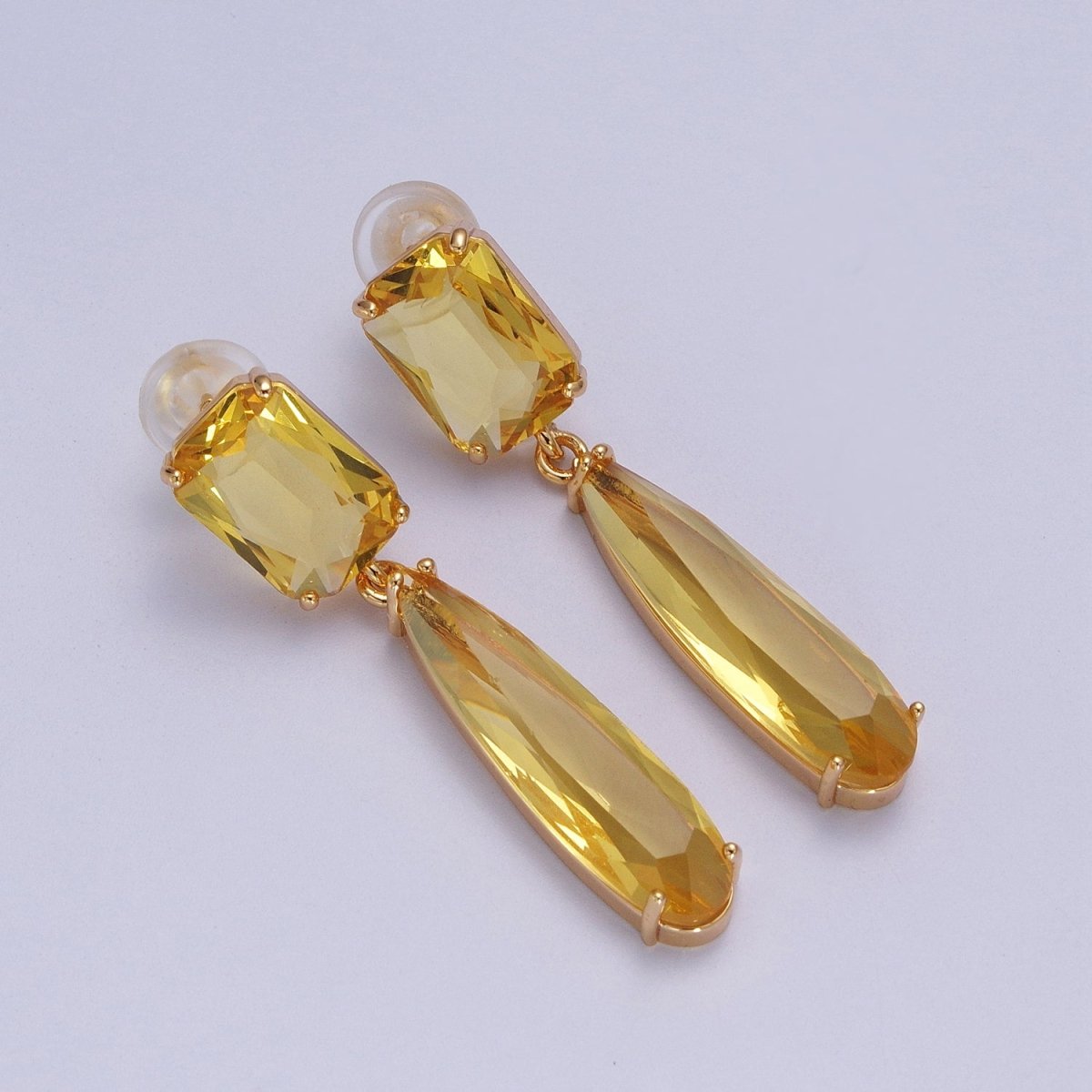 24K Gold Filled CZ Cubic Zirconia Baguette Teardrop Dangle Studs Earrings | Y-232~Y-243 - DLUXCA