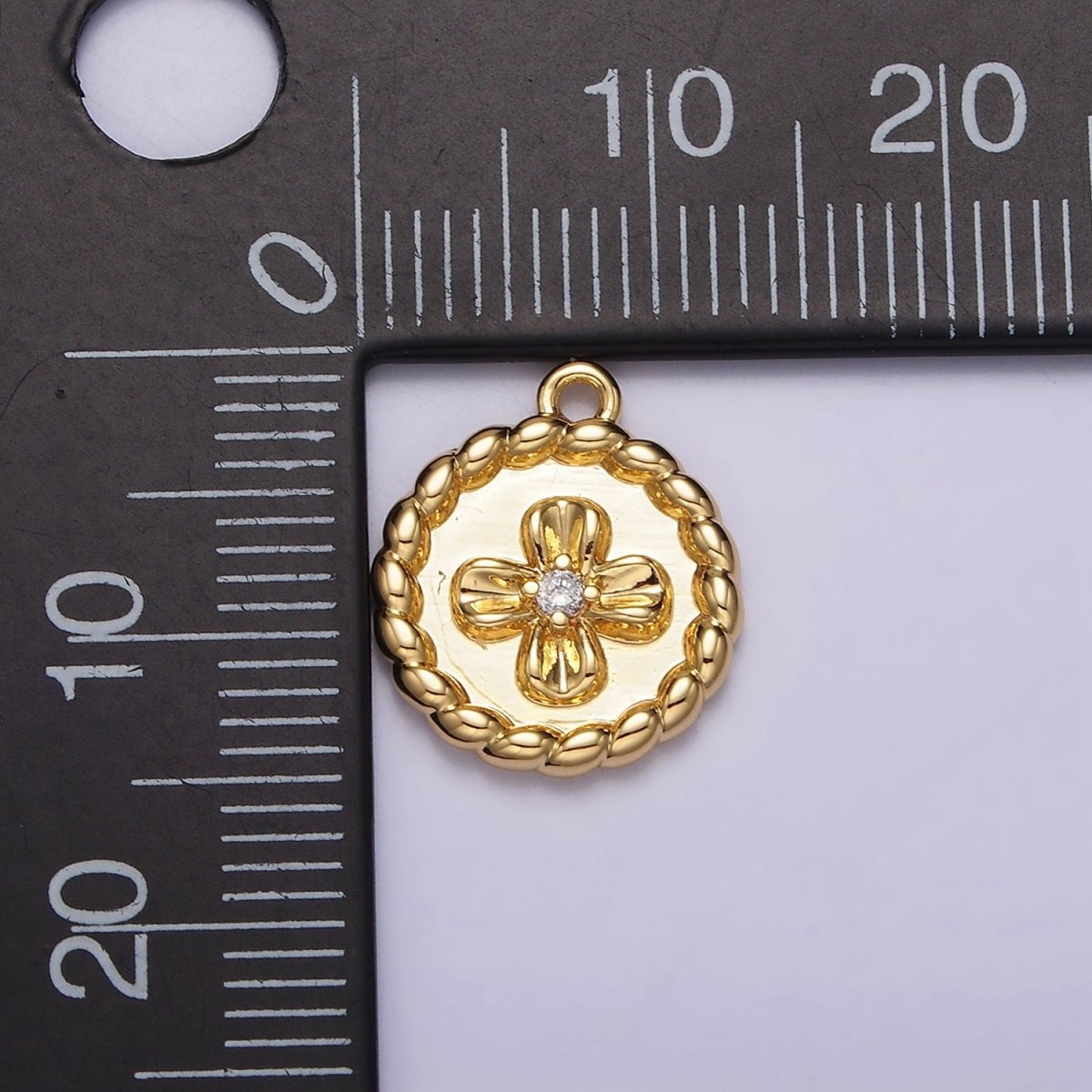 24K Gold Filled CZ Flower Braided Round Coin Charm | AC1429 - DLUXCA