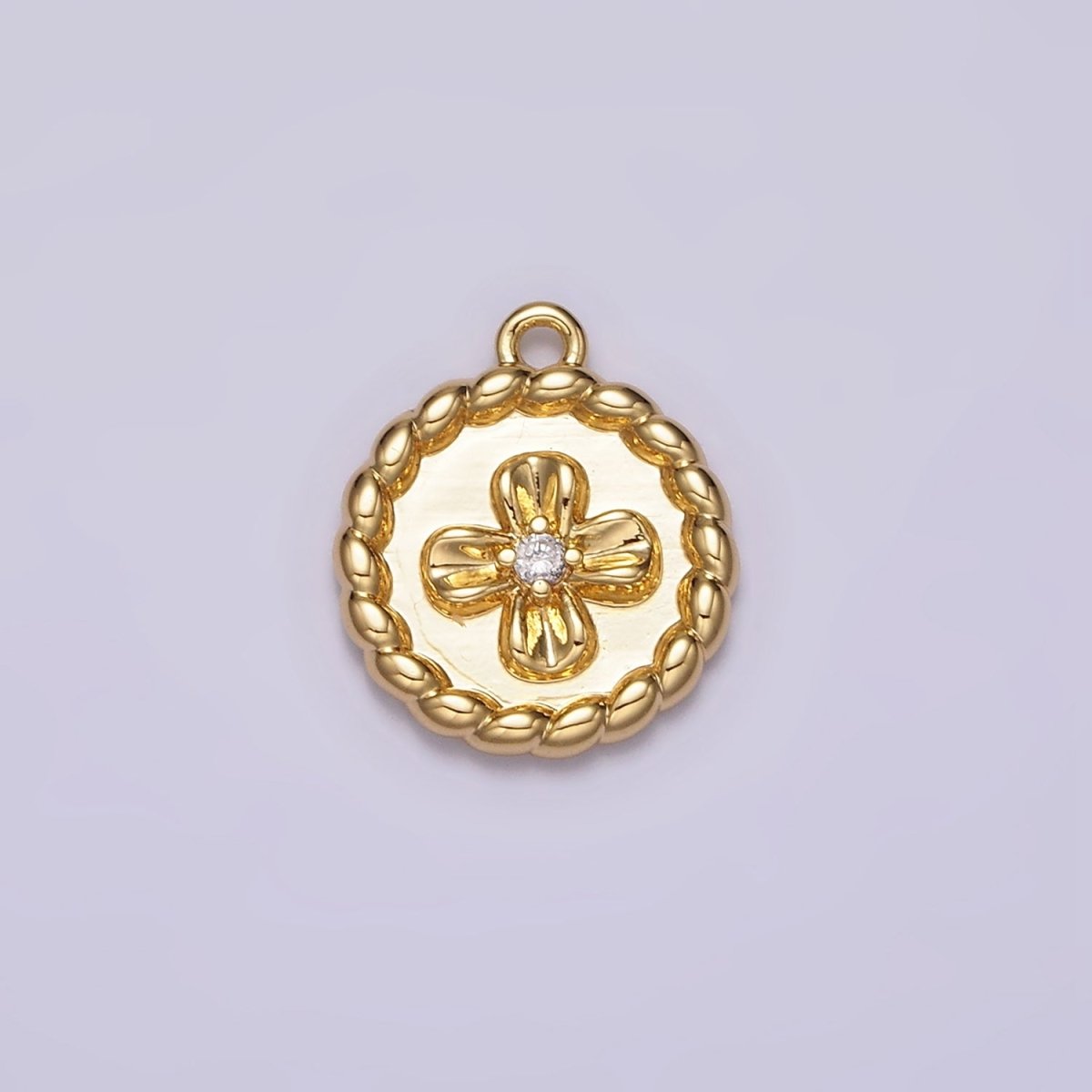 24K Gold Filled CZ Flower Braided Round Coin Charm | AC1429 - DLUXCA