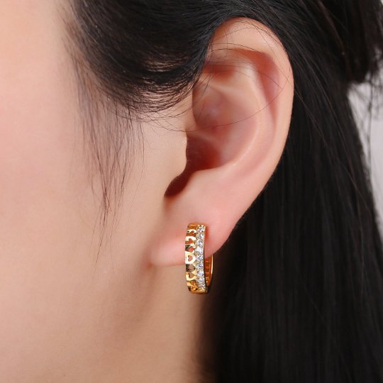 24K Gold Filled CZ Heart Hoop Earrings, Micro Pave Cartilage Huggie Hoop Earrings, Lever back Earrings, Hypoallergenic Q-503 - DLUXCA