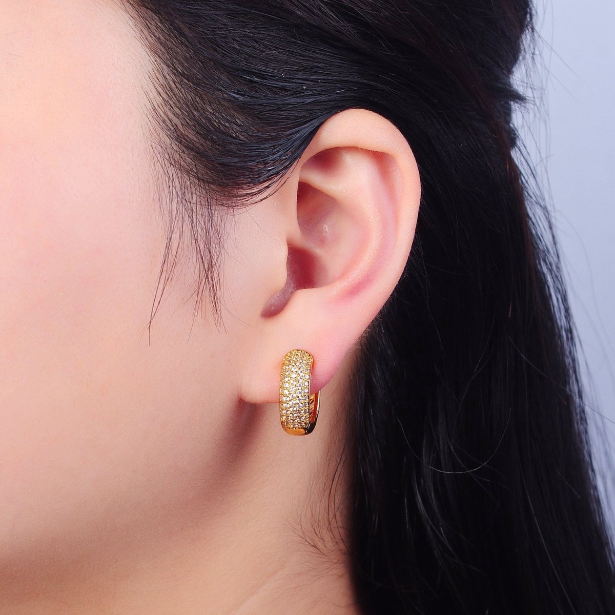 24K Gold Filled CZ Hoop Earrings-Medium Huggie Hoop Earrings-Dainty CZ Earrings T-457 - DLUXCA