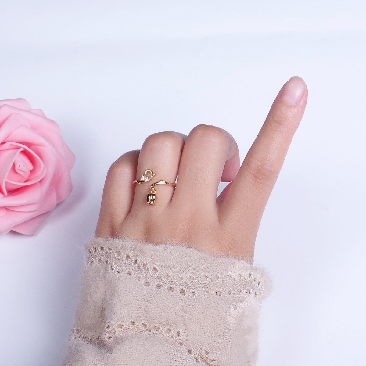 24K Gold Filled CZ Vine Rose Dangle Adjustable Ring | Y-326 - DLUXCA