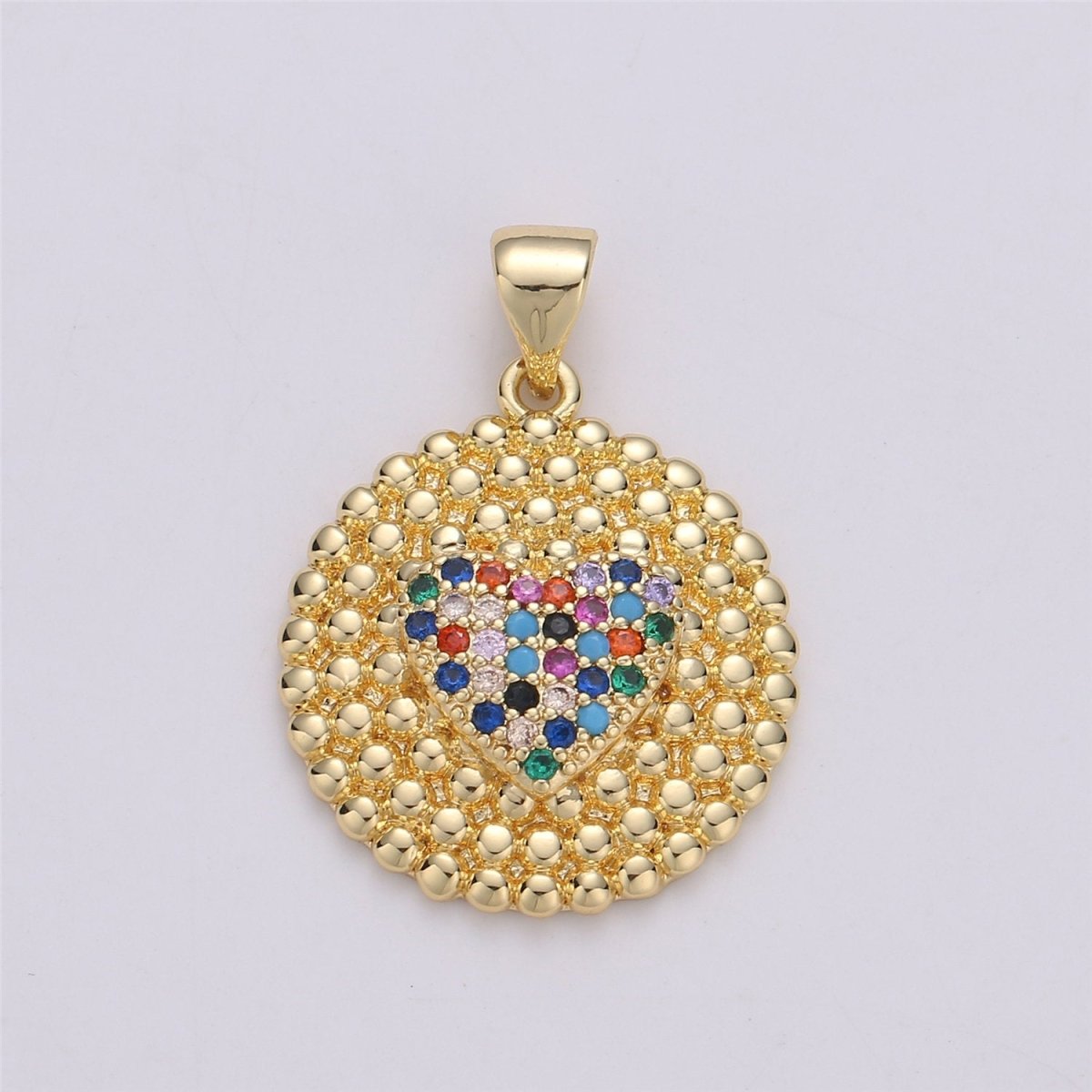 24K Gold Filled Dainty Circle Love Pendant with Turquoise Micro Pave Multi Color Rainbow Cubic Zirconia CZ Stone for Necklace or Bracelet I-578 - DLUXCA
