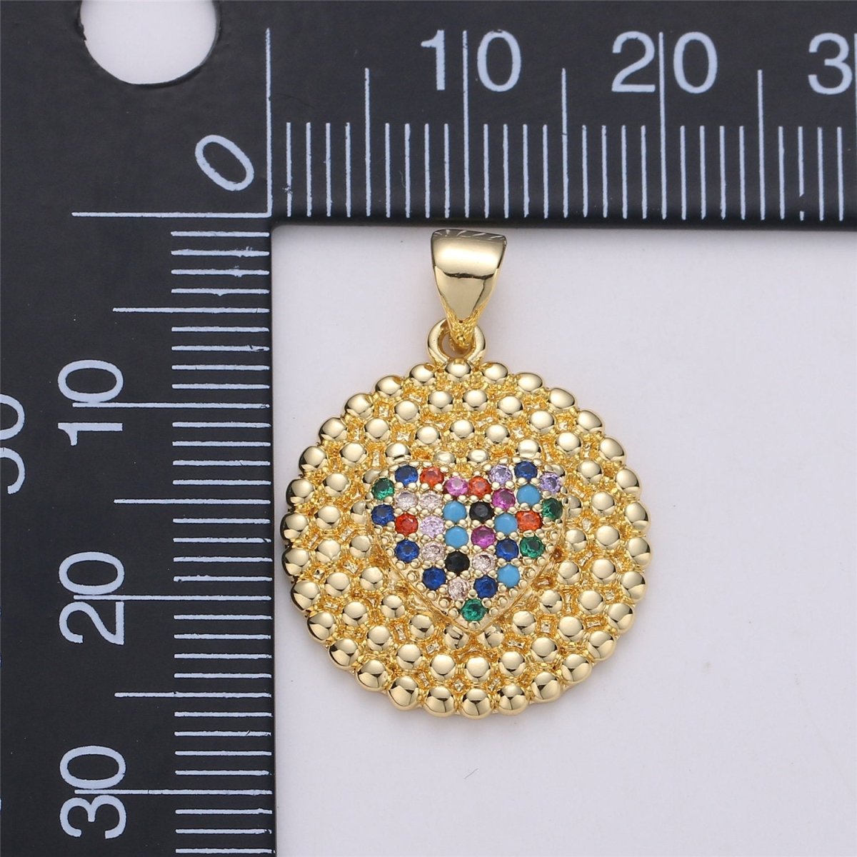 24K Gold Filled Dainty Circle Love Pendant with Turquoise Micro Pave Multi Color Rainbow Cubic Zirconia CZ Stone for Necklace or Bracelet I-578 - DLUXCA