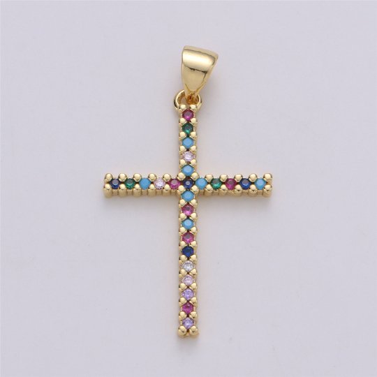 24K Gold Filled Dainty Cross Pendant with Turquoise and Micro Pave Multi Color Rainbow Cubic Zirconia CZ Stone for Necklace or Earrings I-585 - DLUXCA