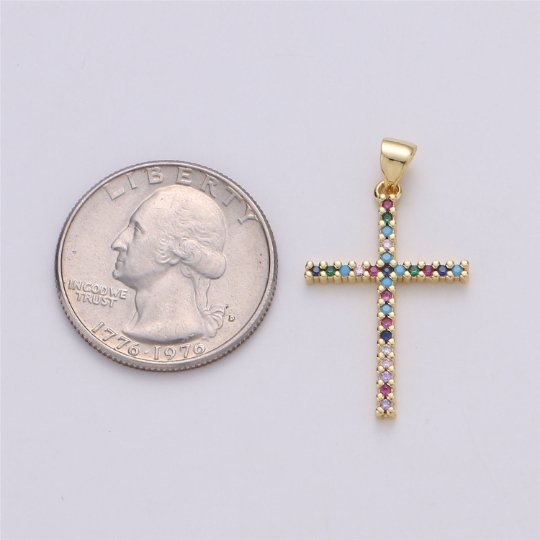 24K Gold Filled Dainty Cross Pendant with Turquoise and Micro Pave Multi Color Rainbow Cubic Zirconia CZ Stone for Necklace or Earrings I-585 - DLUXCA