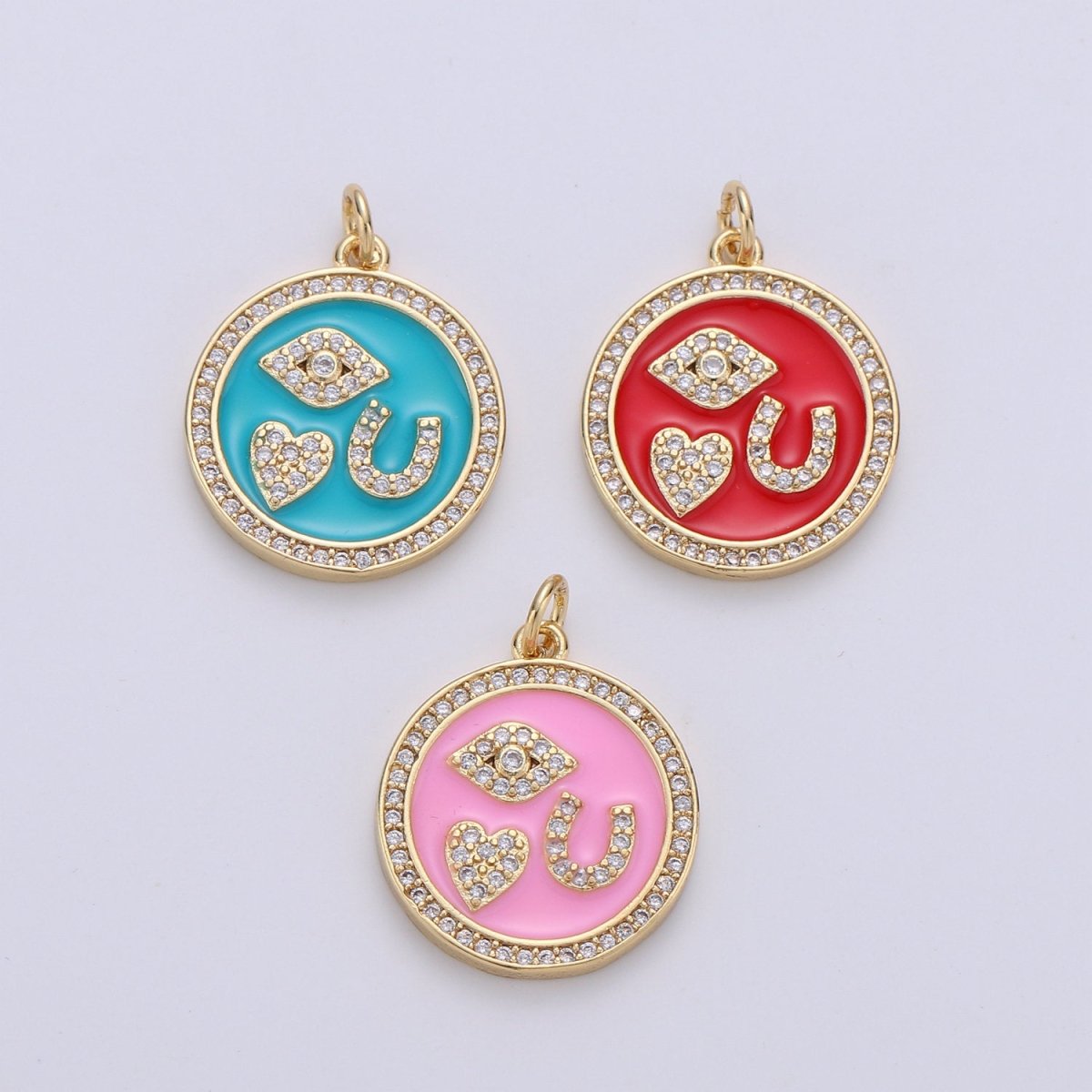 24K Gold Filled Dainty Love You Enamel Charm in Teal, Pink or Red with Micro Pave Cubic Zirconia CZ Stone for Necklace or Bracelet, C-879 - DLUXCA