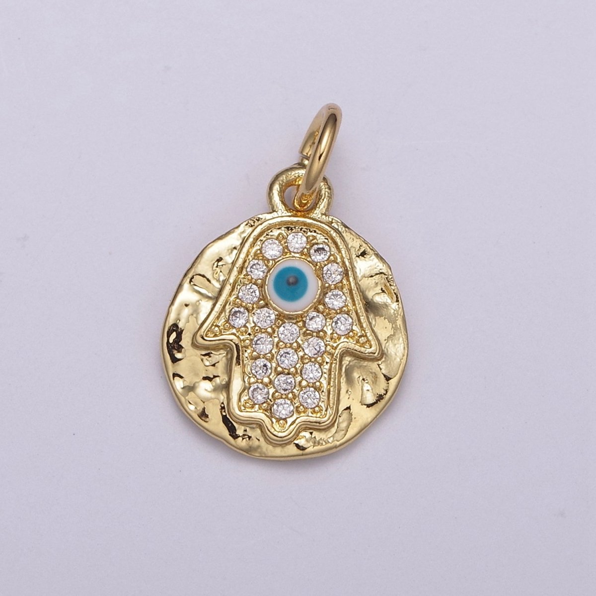24K Gold Filled Dainty Micro Paved CZ Hamsa Hand of Fatima Rustic Coin Charm N-238 - DLUXCA