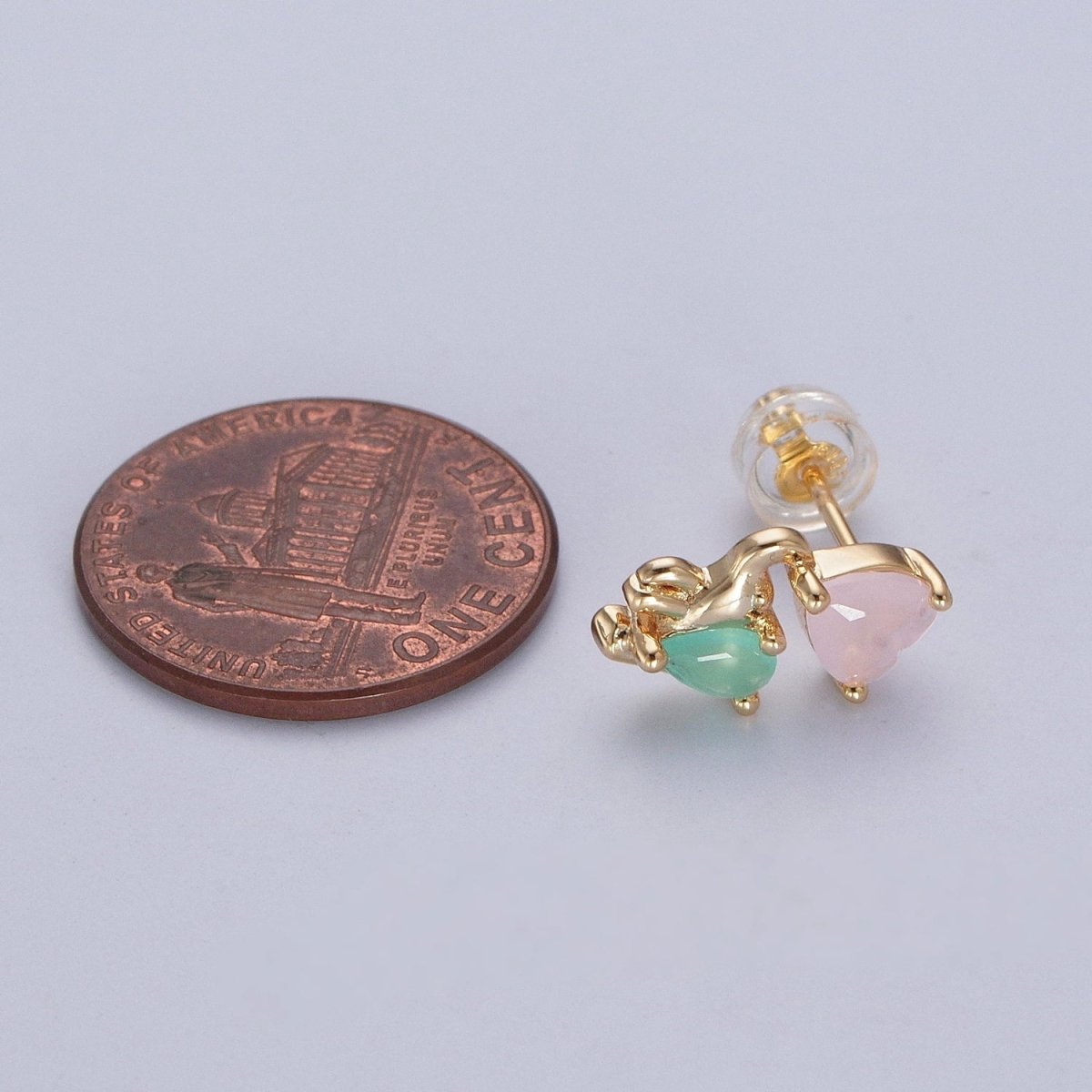 24K Gold Filled Dainty Pink CZ Heart with Green CZ Elephant Stud Earrings P-429 - DLUXCA