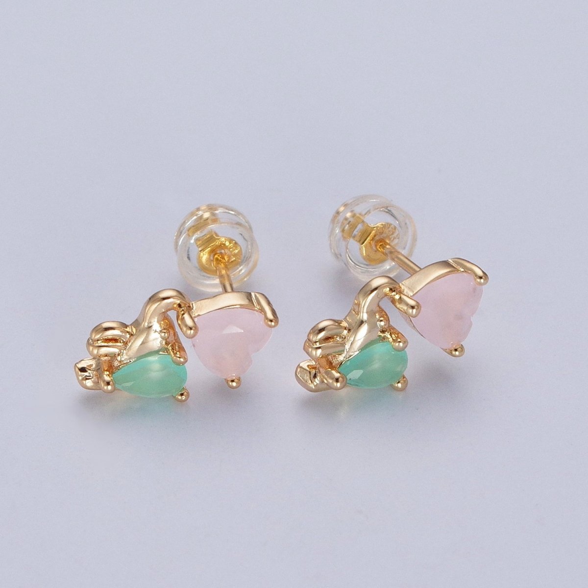 24K Gold Filled Dainty Pink CZ Heart with Green CZ Elephant Stud Earrings P-429 - DLUXCA