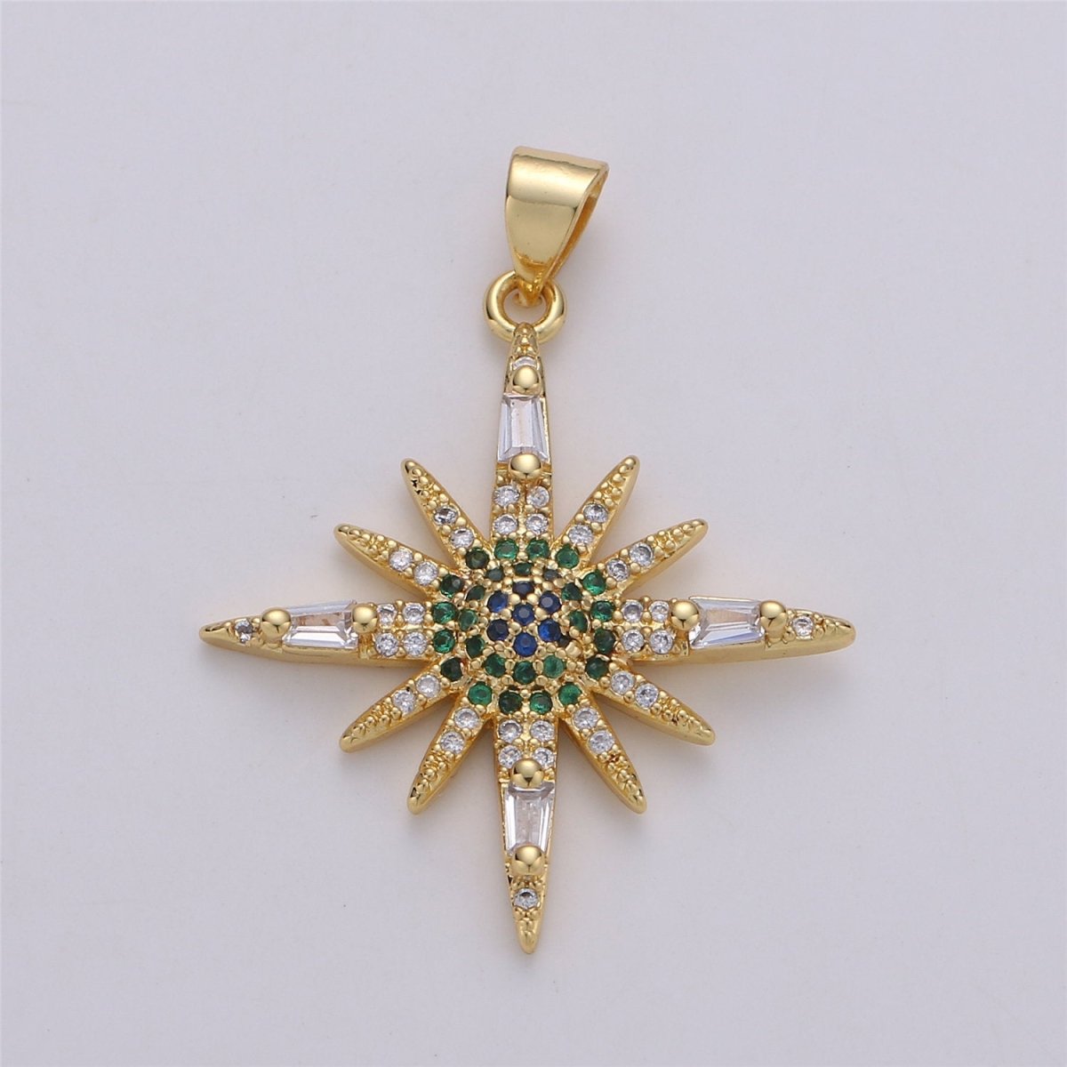 24K Gold Filled Dainty Sunburst Shining Star with Micro Pave Multi Color Cubic Zirconia CZ Stone for Necklace or Earrings I-572 - DLUXCA
