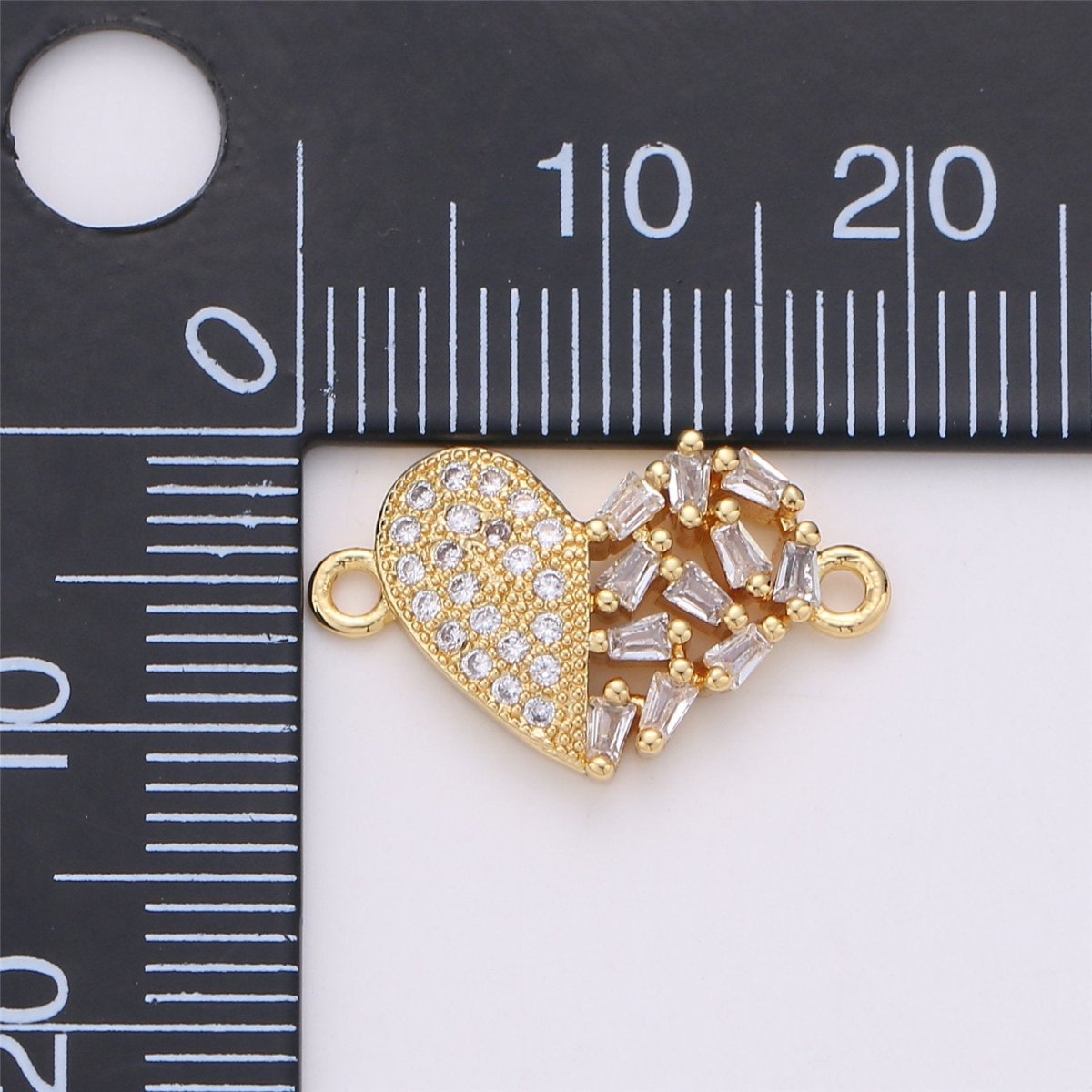 24K Gold Filled Dainty Tiny Heart Connector with Micro Pave Baguette Style Cubic Zirconia CZ Stone for Necklace or Bracelet F-355 - DLUXCA