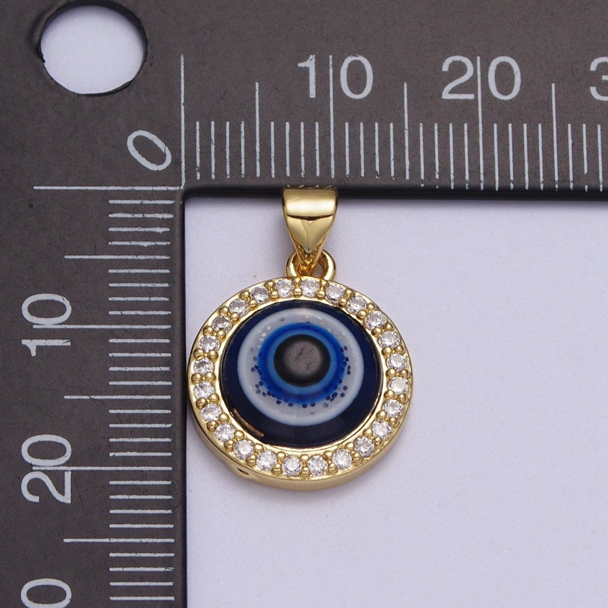 24K Gold Filled Dark Evil Eye Protection Micro Paved CZ Round Amulet Pendant H-279 - DLUXCA