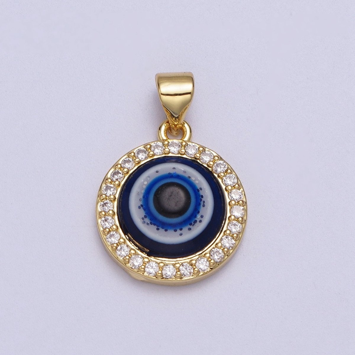 24K Gold Filled Dark Evil Eye Protection Micro Paved CZ Round Amulet Pendant H-279 - DLUXCA