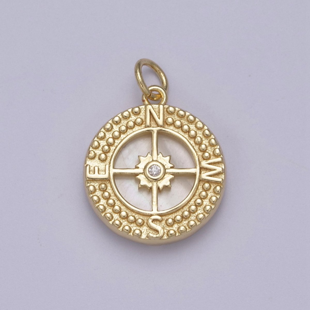 24K Gold Filled Dotted Compass Shell Pearl Round Medallion Charm N-384 - DLUXCA