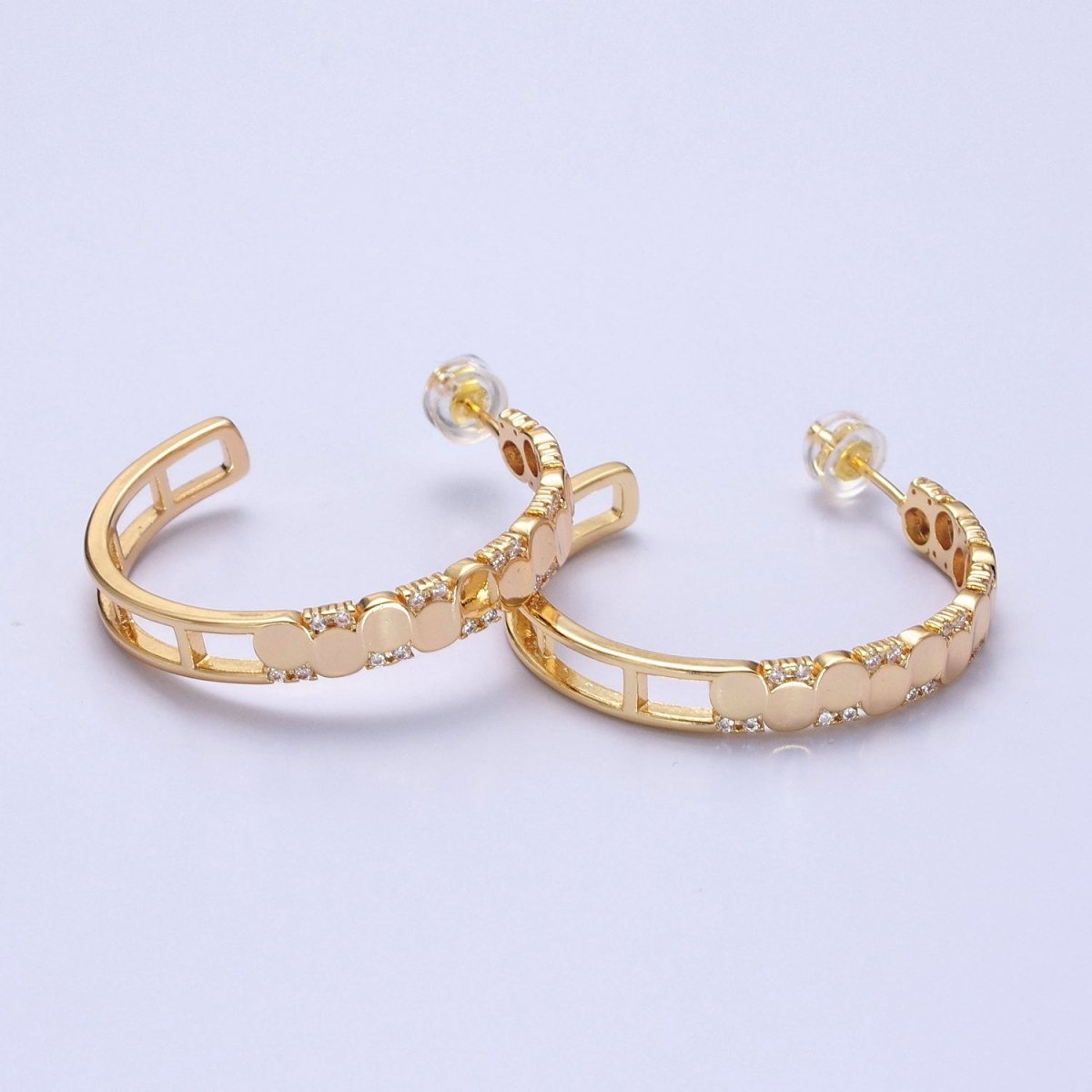 24K Gold Filled Dotted CZ Geometric C-Shaped Hoop Earrings in Gold & Silver | AB352 AB353 - DLUXCA