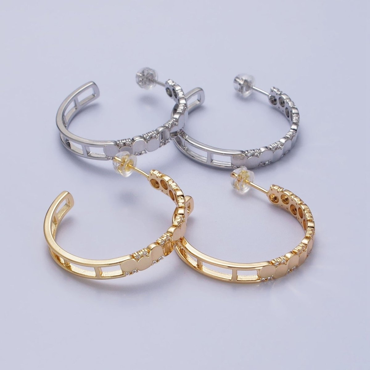 24K Gold Filled Dotted CZ Geometric C-Shaped Hoop Earrings in Gold & Silver | AB352 AB353 - DLUXCA