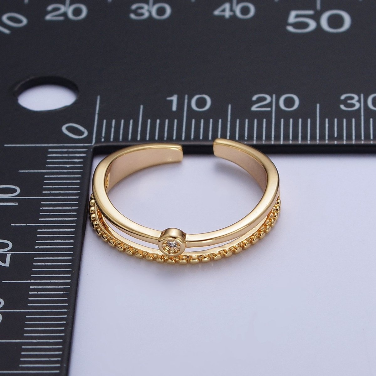24K Gold Filled Double Band Beaded & Clear Cubic Zirconia Stone Adjustable Gold Ring | X-584 - DLUXCA