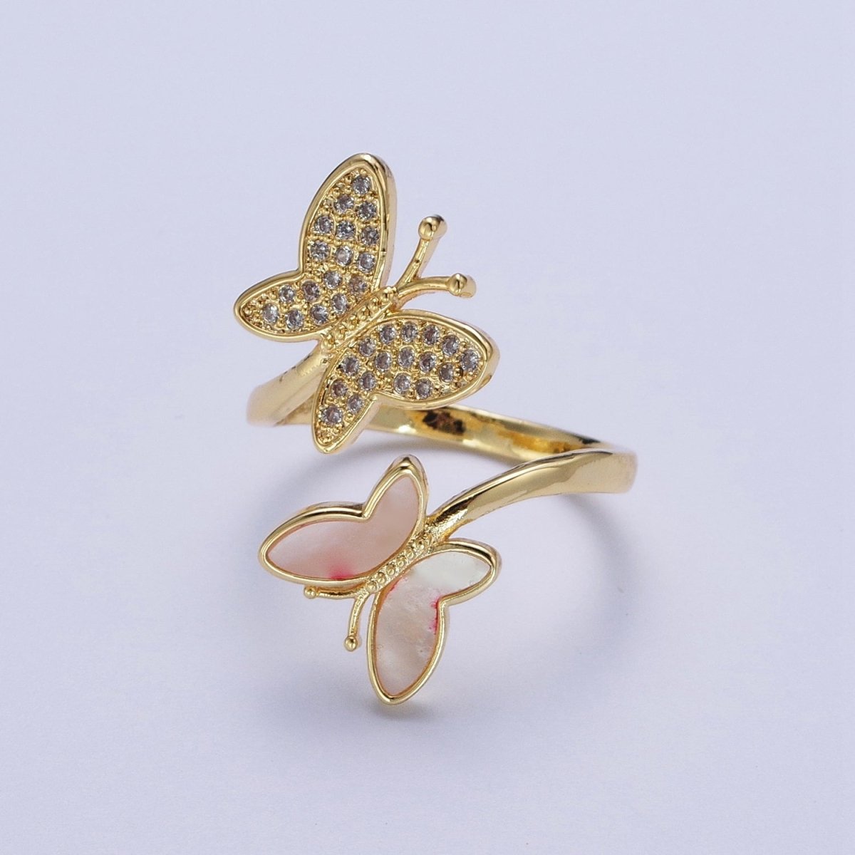24K Gold Filled Double Butterfly Mariposa Pink Opal Micro Paved Cubic Zirconia Adjustable Garden Insect Ring | P-410 - DLUXCA
