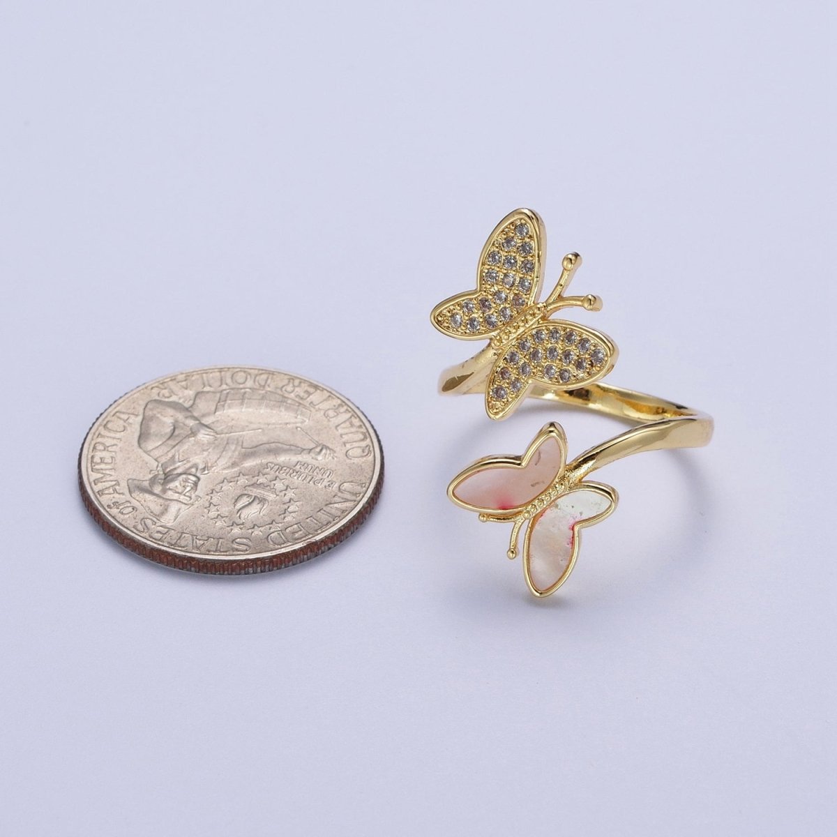 24K Gold Filled Double Butterfly Mariposa Pink Opal Micro Paved Cubic Zirconia Adjustable Garden Insect Ring | P-410 - DLUXCA