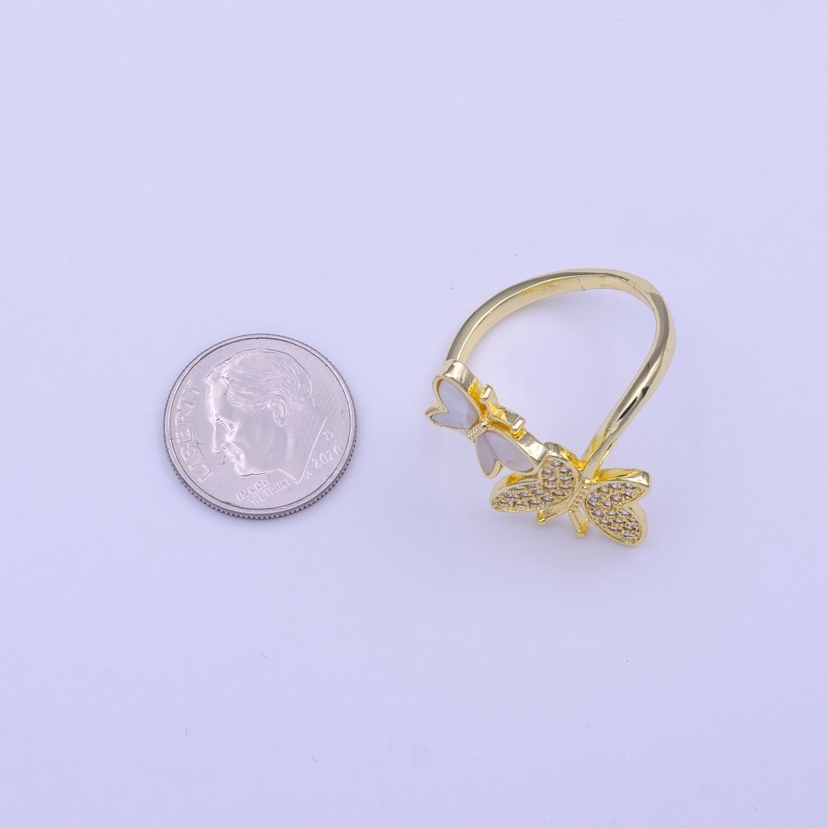 24K Gold Filled Double Butterfly Shell Pearl & Micro Paved CZ Adjustable Ring | Y-429 - DLUXCA