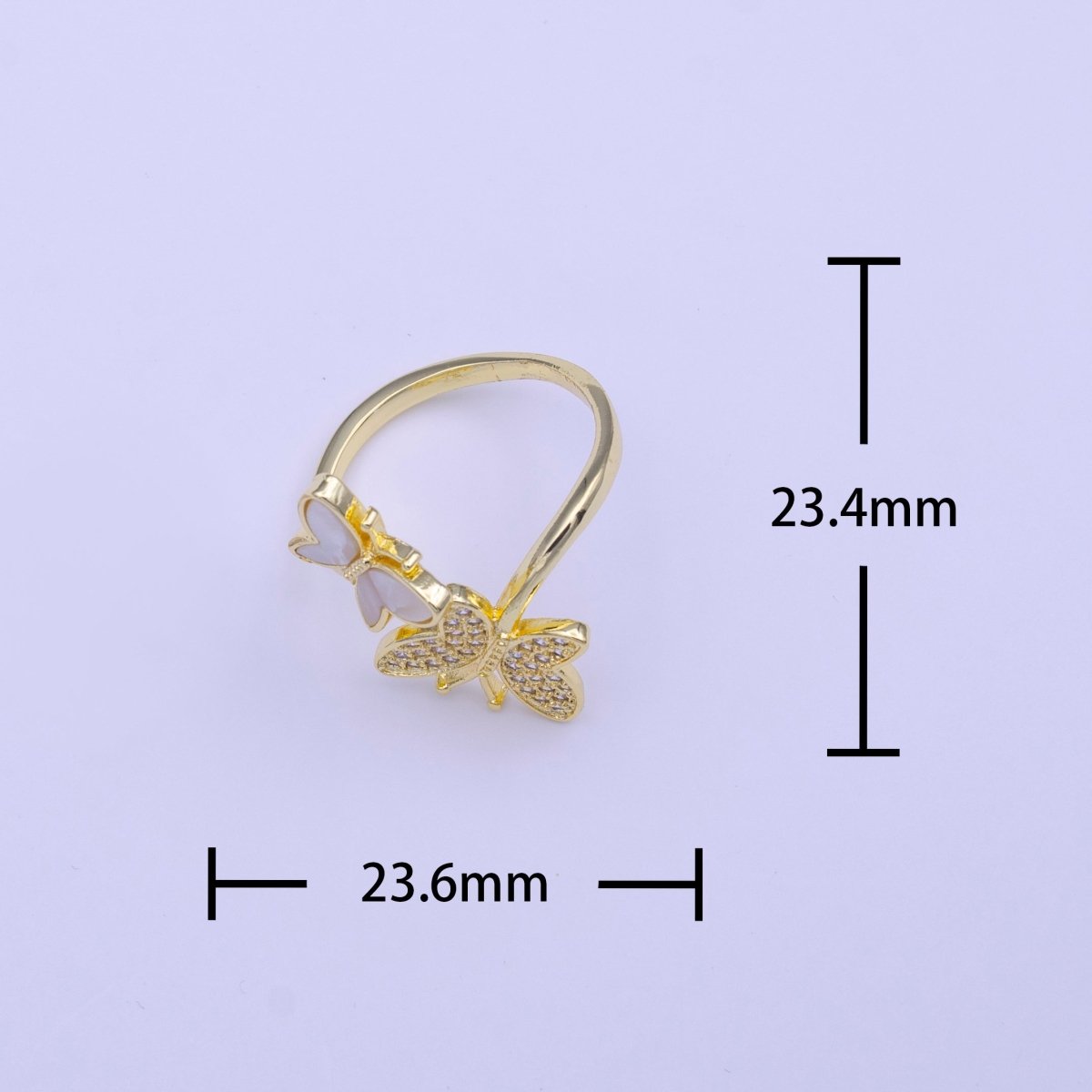24K Gold Filled Double Butterfly Shell Pearl & Micro Paved CZ Adjustable Ring | Y-429 - DLUXCA