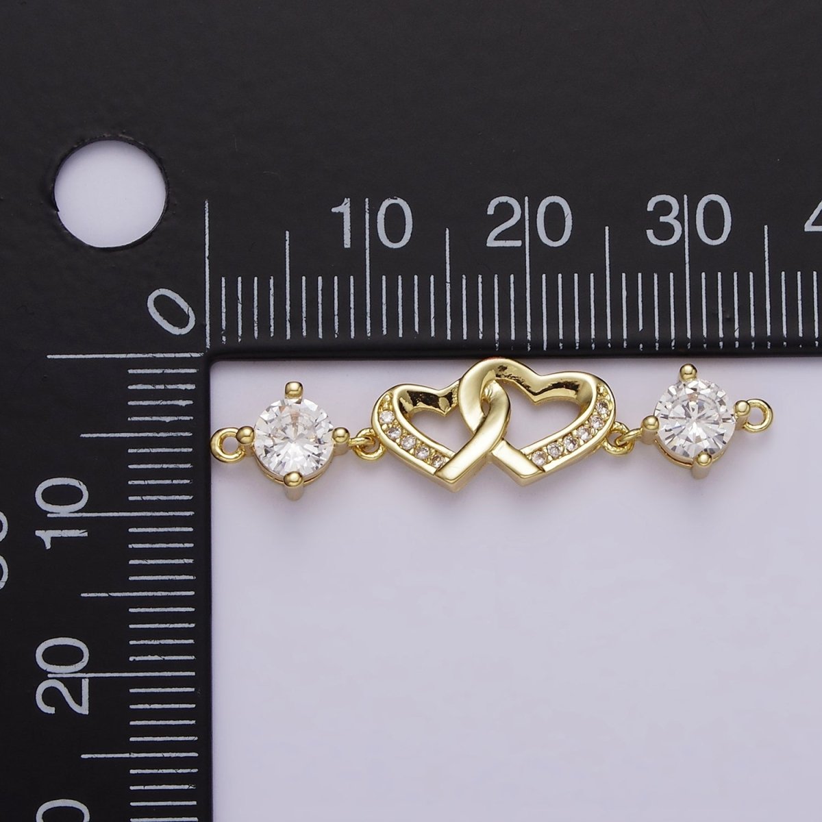 24K Gold Filled Double Heart Micro Paved Clear CZ Infinity Twin Heart Charm Connector 33mm | Y-755 - DLUXCA