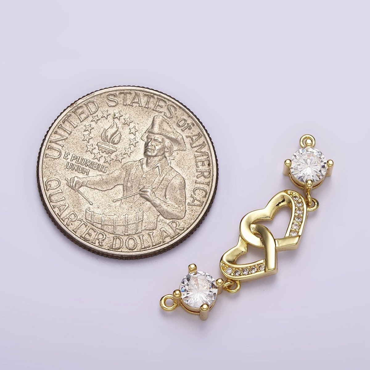 24K Gold Filled Double Heart Micro Paved Clear CZ Infinity Twin Heart Charm Connector 33mm | Y-755 - DLUXCA