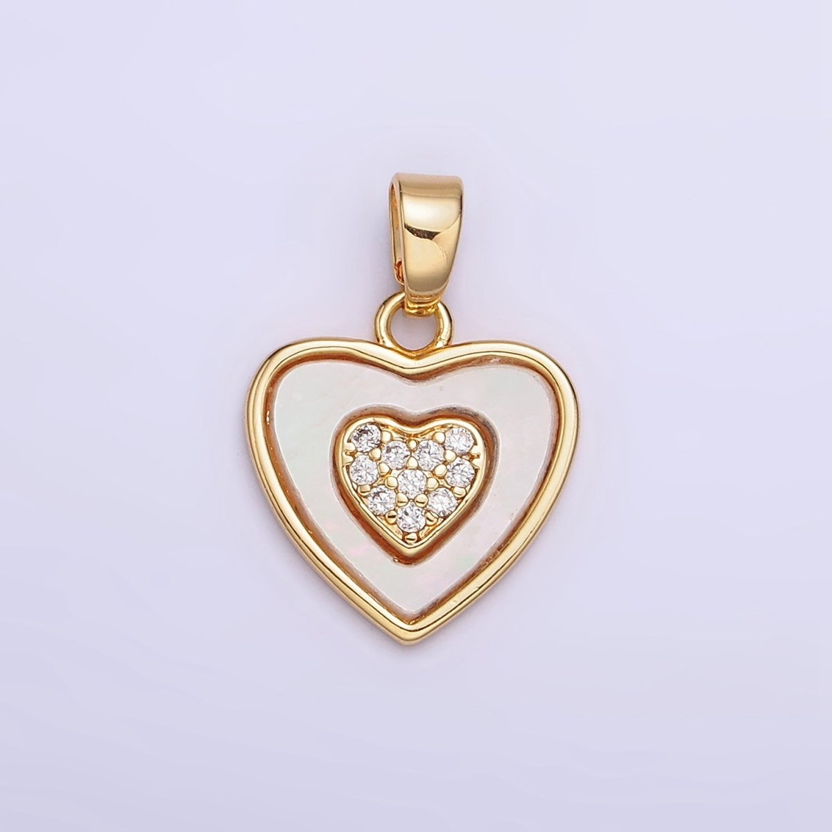 24K Gold Filled Double Heart Micro Paved CZ Shell Pearl Pendant | AA572 - DLUXCA