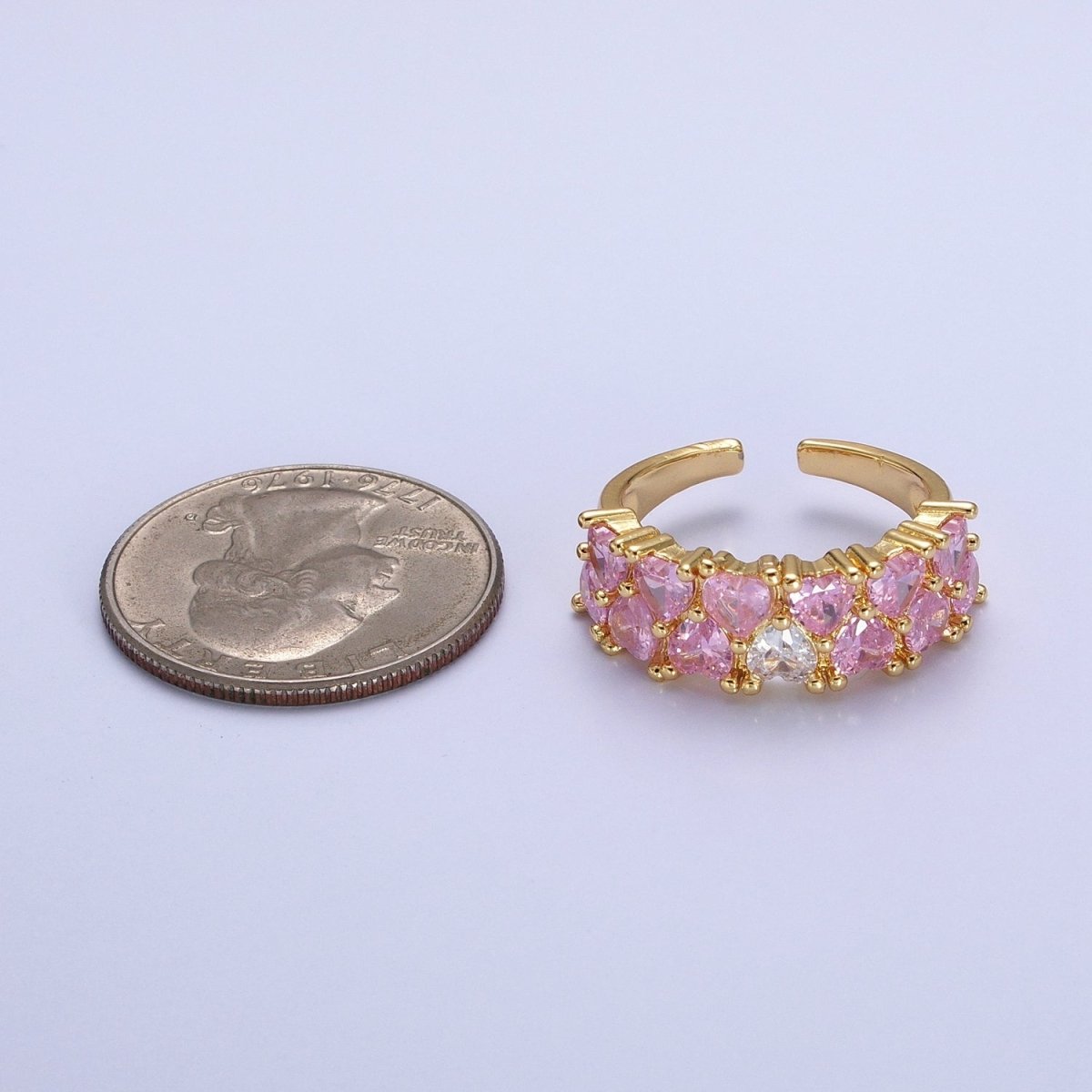 24K Gold Filled Double Pink Clear Hearts Band Adjustable Ring in Gold & Silver | Y-608 Y-609 - DLUXCA