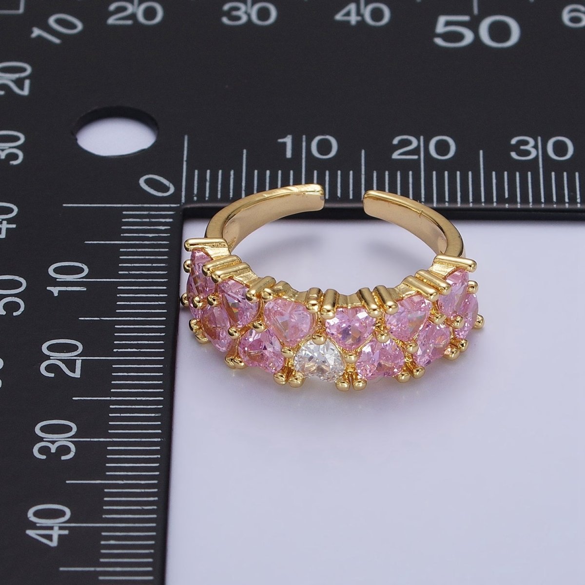 24K Gold Filled Double Pink Clear Hearts Band Adjustable Ring in Gold & Silver | Y-608 Y-609 - DLUXCA