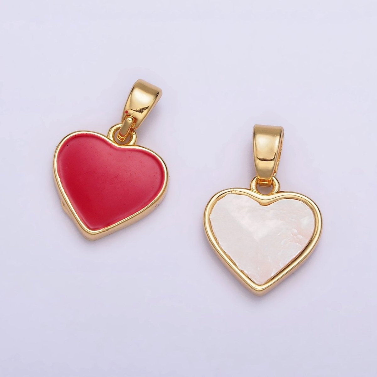 24K Gold Filled Double Red Enamel Shell Pearl Minimalist Heart Pendant | AA588 - DLUXCA