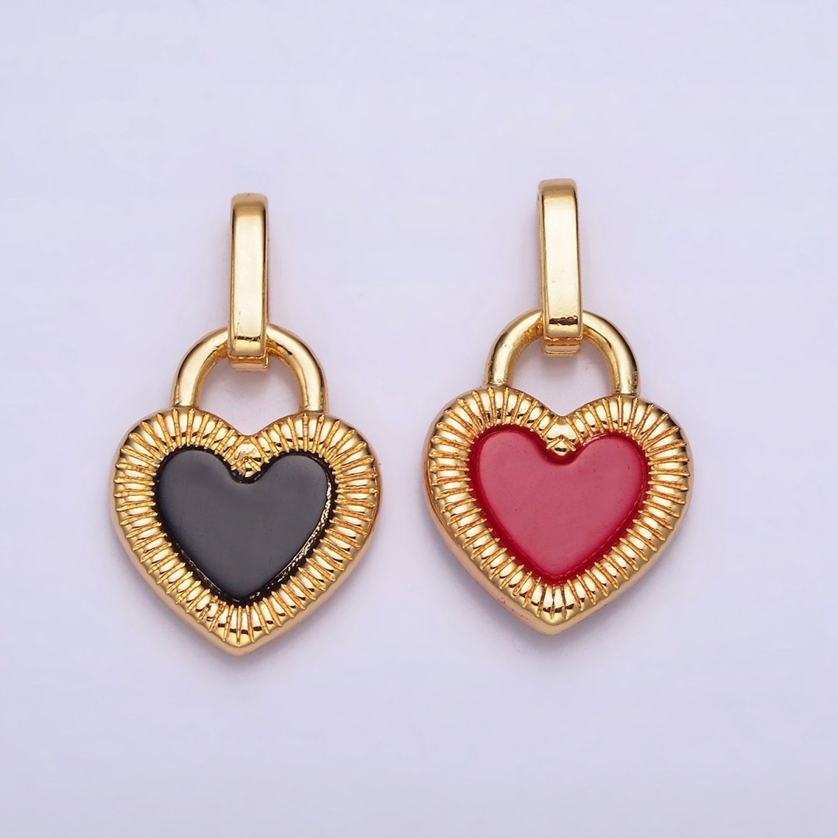 24K Gold Filled Double Sided Red Carnelian Onyx Line-Textured Heart Lock Pendant | AA599 - DLUXCA
