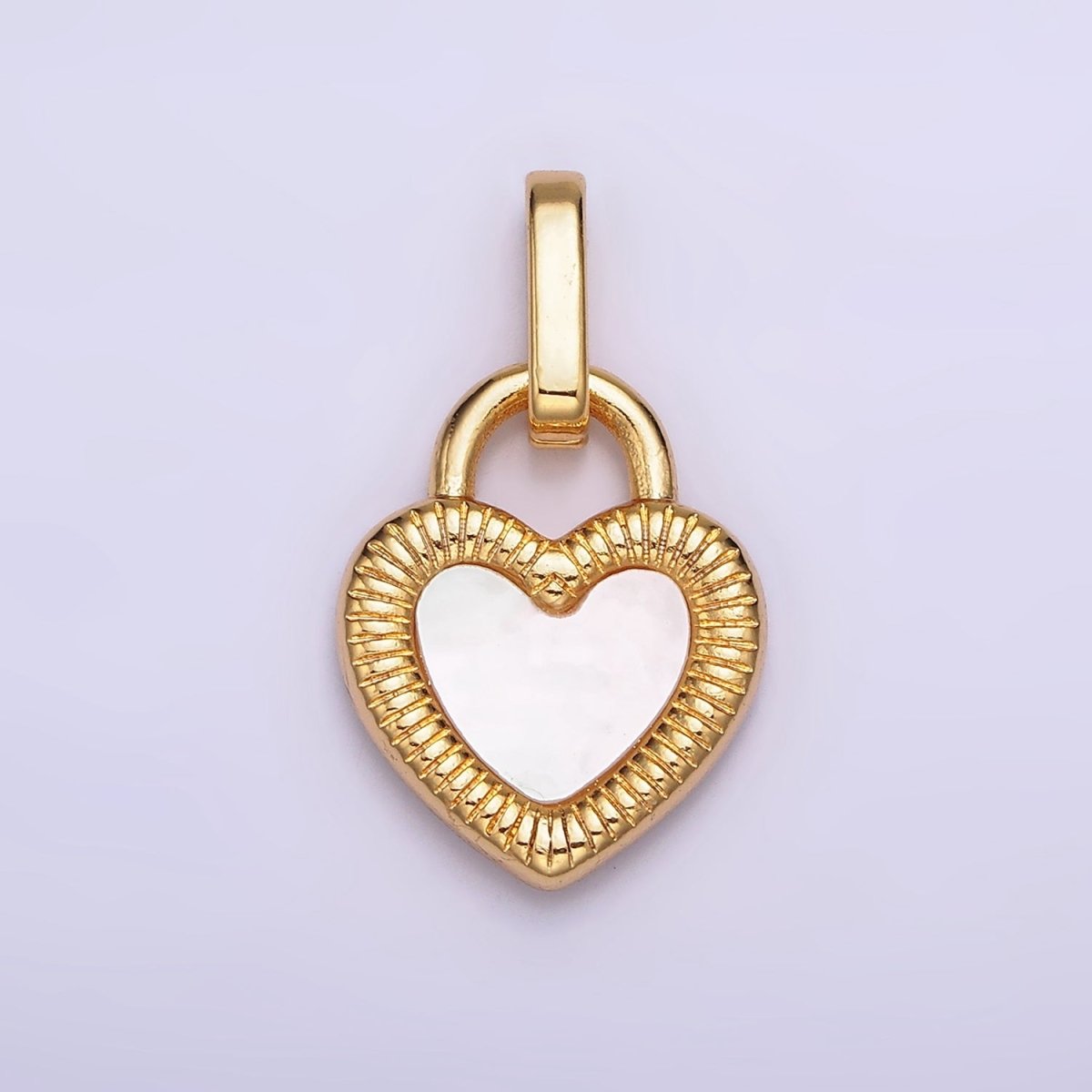 24K Gold Filled Double Sided Shell Pearl Onyx Line-Textured Heart Lock Pendant | AA-601 - DLUXCA