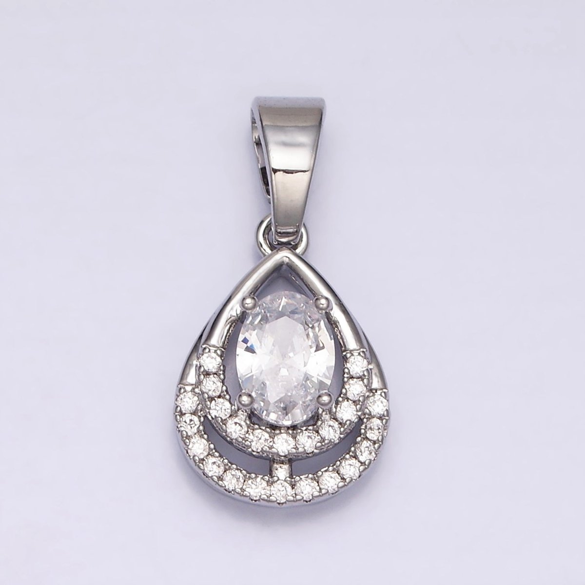 24K Gold Filled Double Teardrop Micro Paved Oval Clear CZ Open Pendant in Gold & Silver | AA449 AA450 - DLUXCA