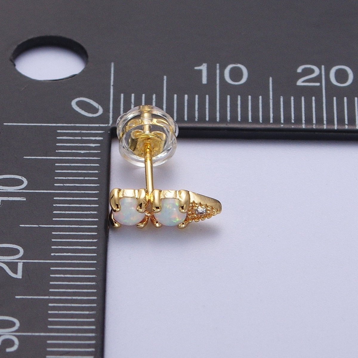 24K Gold Filled Double Two Round White Opal CZ Arrow Stud Earrings | Y-041 - DLUXCA