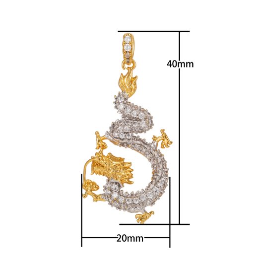 24k Gold Filled Dragon Pendant East Asian Creature King Zodiac Cubic Zirconia Necklace Pendant Bead Bails Findings for Jewelry Making I-194 - DLUXCA