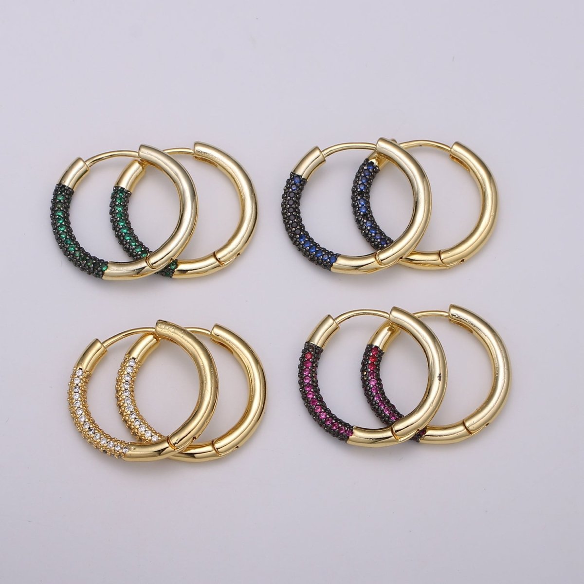 24k Gold Filled Earring Colorful CZ Pave Gold Hoop Earring, Blue, Clear, Green, Purple Hoop Earring for Everyday Wear Q-396 - Q-403 - DLUXCA