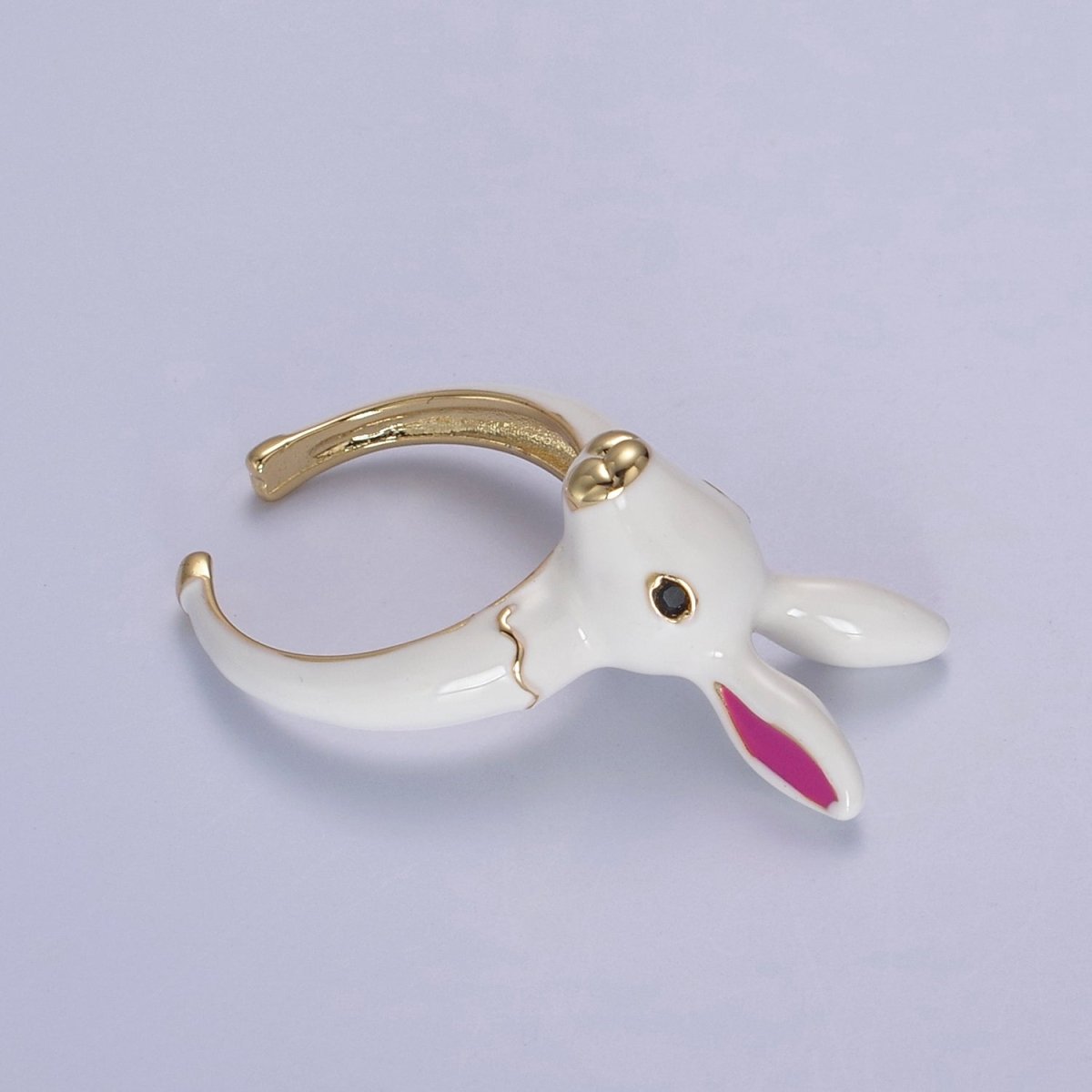 24K Gold Filled Easter Bunny, Enamel White Rabbit Adjustable, Statement Ring S-364 - DLUXCA
