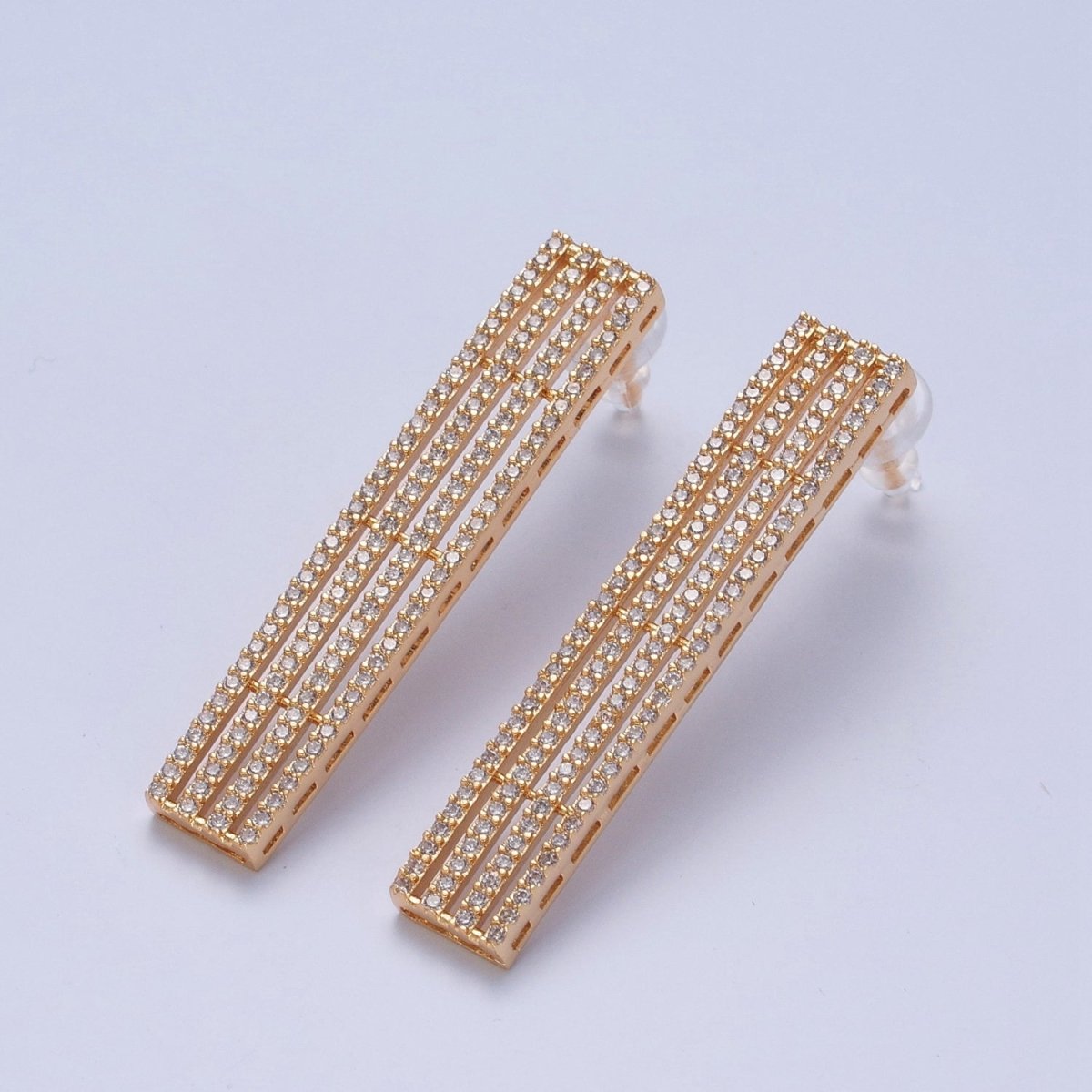 24K Gold Filled Elongated Micro Pave Bar Stud Earrings P-309 - DLUXCA